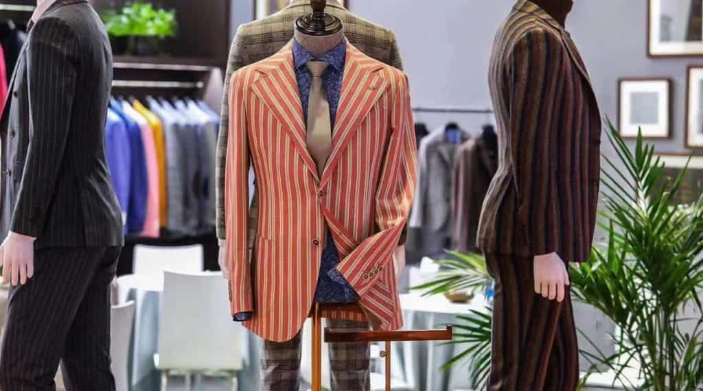 fancy red stripe men's custom made wool suits