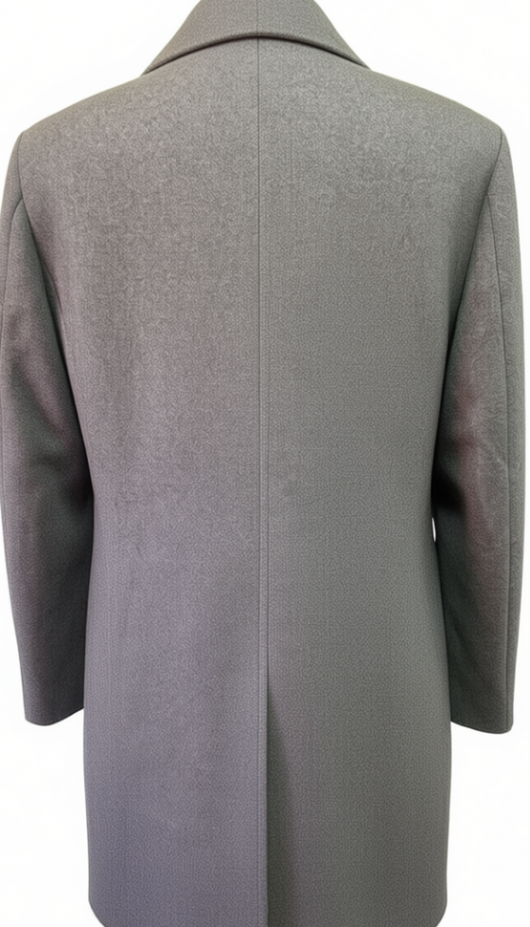 wearing men's grey double-breasted coat in winter