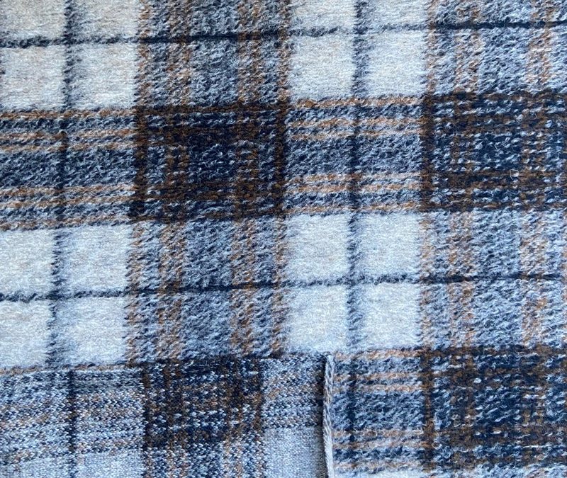 30wool tartan knit fabric with white background, dark blue and orange pattern for women jacket